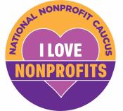 Yellow and purple button that says I heart nonprofits.