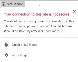 Image showing web browser message indicating that the connection to the site is not secure